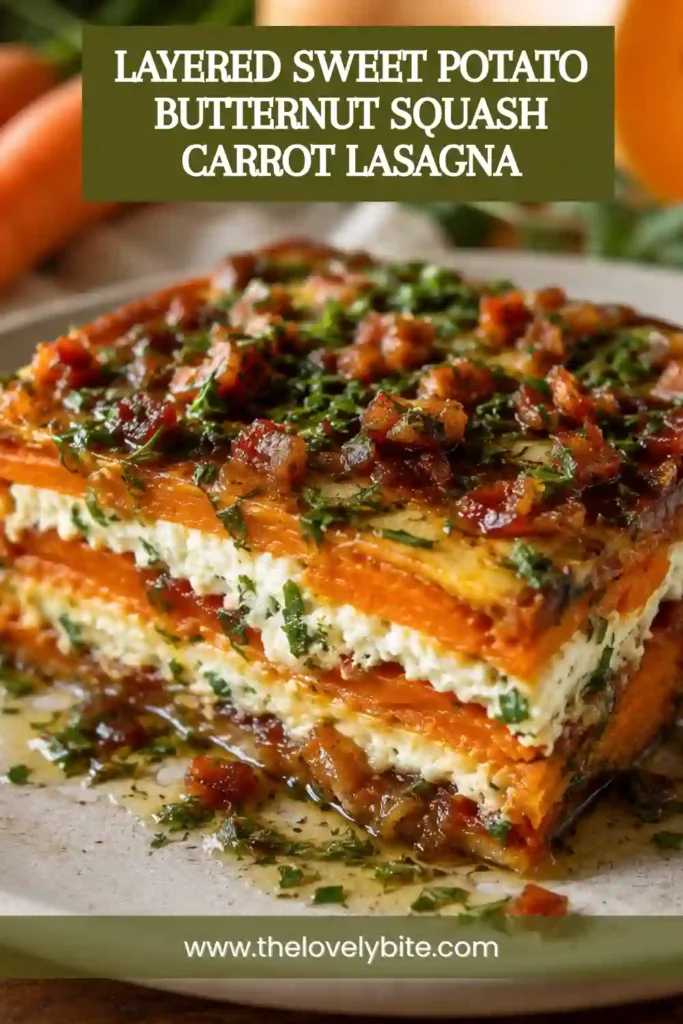 Close-up of Layered Sweet Potato Butternut Squash Carrot Lasagna showing melted mozzarella, tender vegetables, and rich tomato sauce. Ideal for a healthy vegetarian meal.