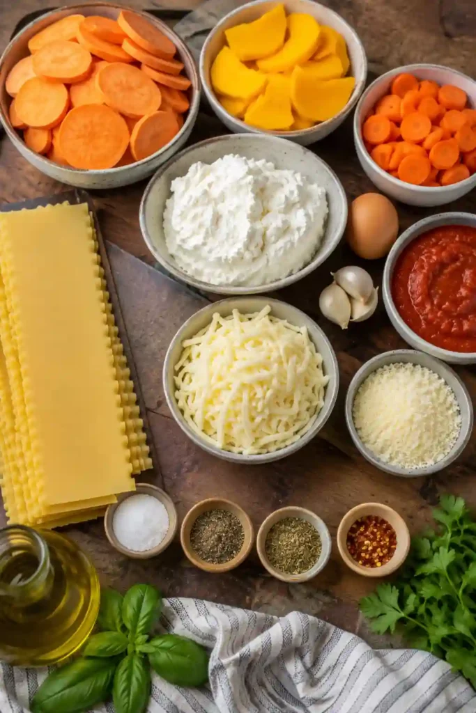 Layered Sweet Potato Butternut Squash Carrot Lasagna baked until golden with bubbling mozzarella cheese and colorful vegetable layers. This hearty vegetarian lasagna makes a comforting family dinner.