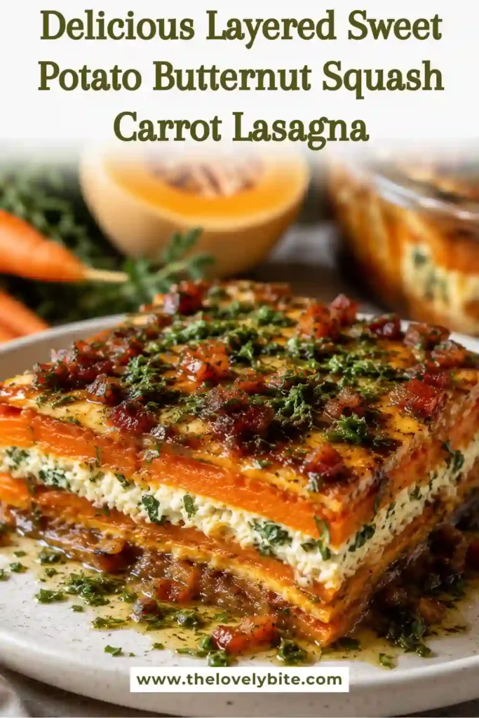 A serving of Layered Sweet Potato Butternut Squash Carrot Lasagna garnished with fresh parsley on a dinner plate. This colorful vegetable lasagna is rich, cheesy, and satisfying.