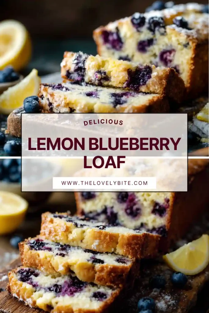 A freshly baked Lemon Blueberry Loaf topped with sweet lemon icing and crumble topping. Juicy blueberries are visible throughout the moist lemon bread.