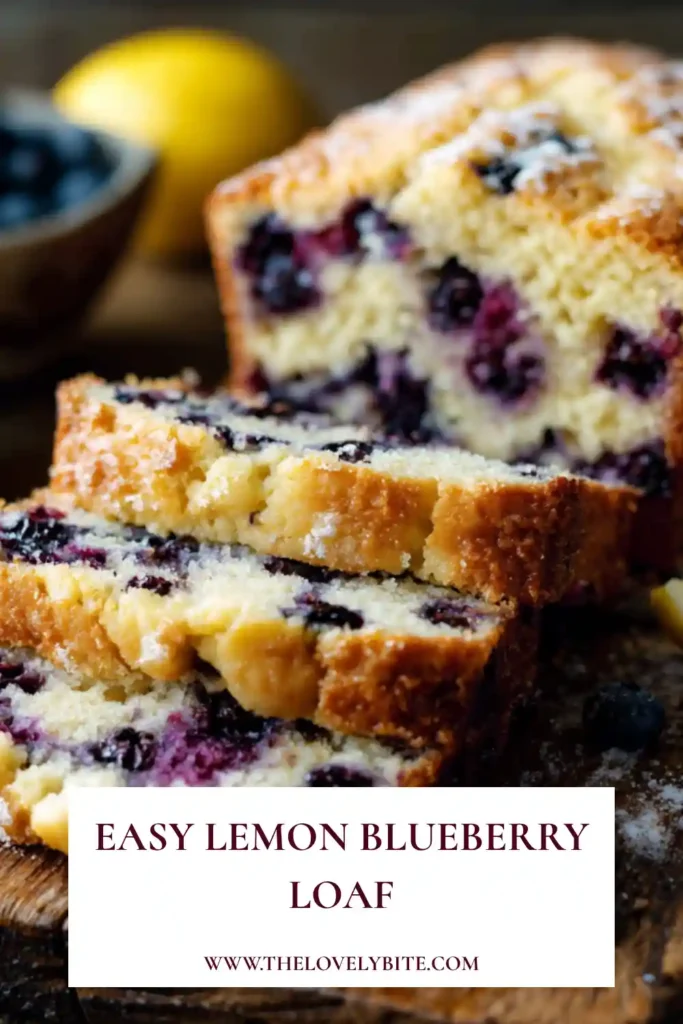Close-up slice of Lemon Blueberry Loaf showing a soft crumb filled with fresh blueberries and bright lemon flavor. Finished with a delicate lemon glaze.