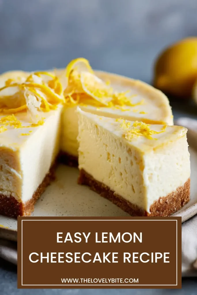 A creamy baked lemon cheesecake topped with glossy candied lemon peel. The dessert features a smooth golden surface and rich citrus flavor.