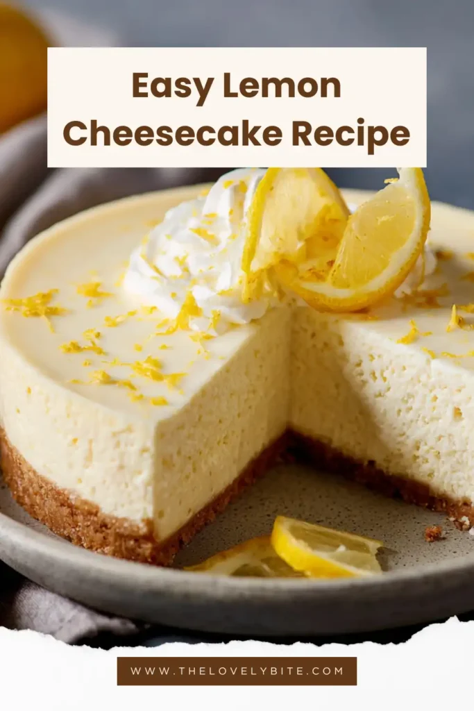 Homemade lemon cheesecake served on a cake stand with fresh lemon garnish. The cheesecake has a creamy texture and beautifully baked finish.