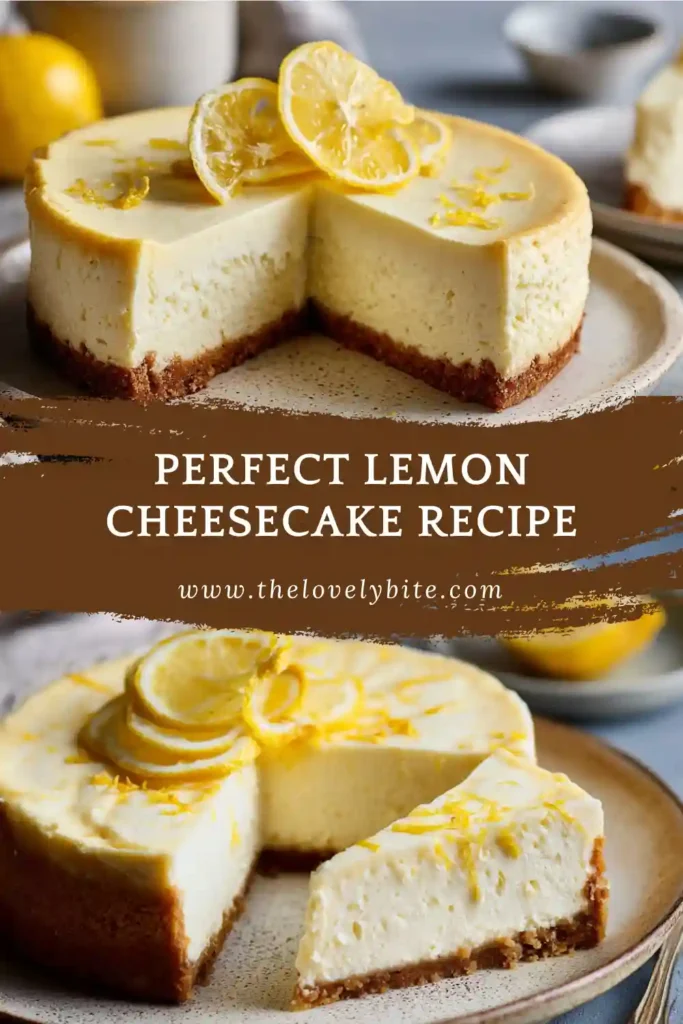 Slice of baked lemon cheesecake with a smooth filling and candied lemon topping. Fresh citrus flavors make this dessert bright and refreshing.