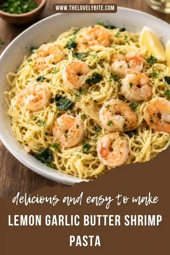 A bowl of Lemon Garlic Butter Shrimp Pasta topped with Parmesan cheese and fresh parsley. Juicy shrimp and angel hair pasta are coated in a light lemon garlic butter sauce.