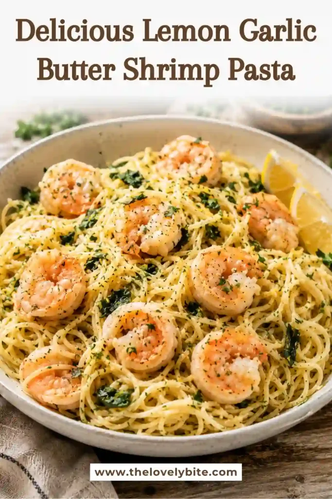Fresh Lemon Garlic Butter Shrimp Pasta served in a white bowl with spinach and grated Parmesan. The pasta is tossed with tender shrimp and bright citrus flavors.