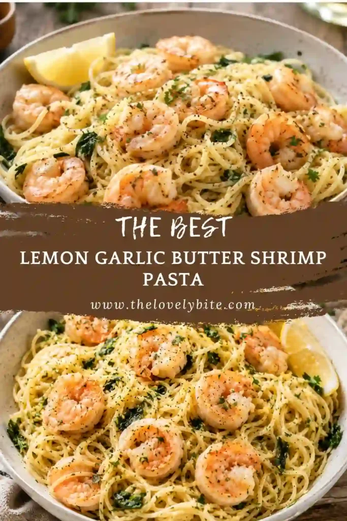 Close-up of Lemon Garlic Butter Shrimp Pasta garnished with parsley and Parmesan cheese. This quick seafood pasta recipe is light, flavorful, and family-friendly.