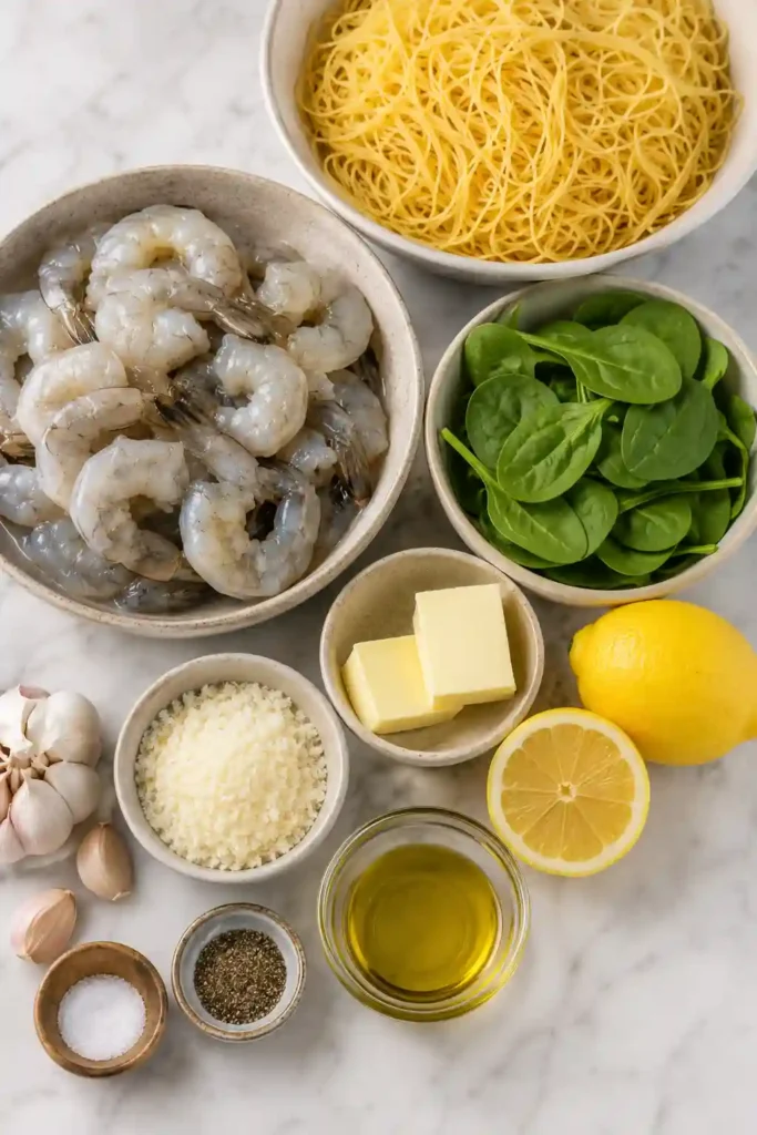 Homemade shrimp pasta featuring sautéed garlic butter shrimp, angel hair pasta, and wilted spinach. Fresh lemon juice adds vibrant flavor to this easy seafood dinner.