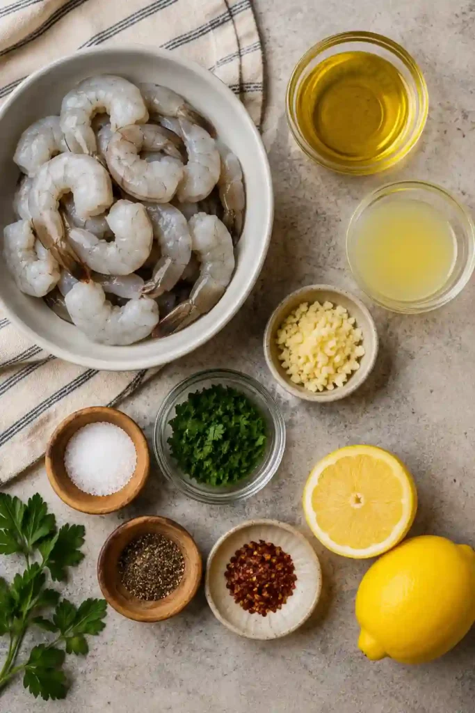 Grilled Lemon Garlic Shrimp served on skewers with fresh parsley and lemon wedges. The shrimp are juicy, lightly charred, and perfect for a healthy seafood dinner.