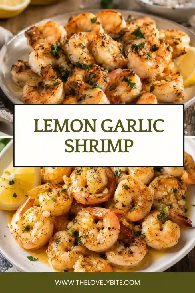 Close-up of grilled shrimp coated in a fresh lemon garlic marinade and sprinkled with parsley. An easy grilled shrimp recipe ready in under 30 minutes.