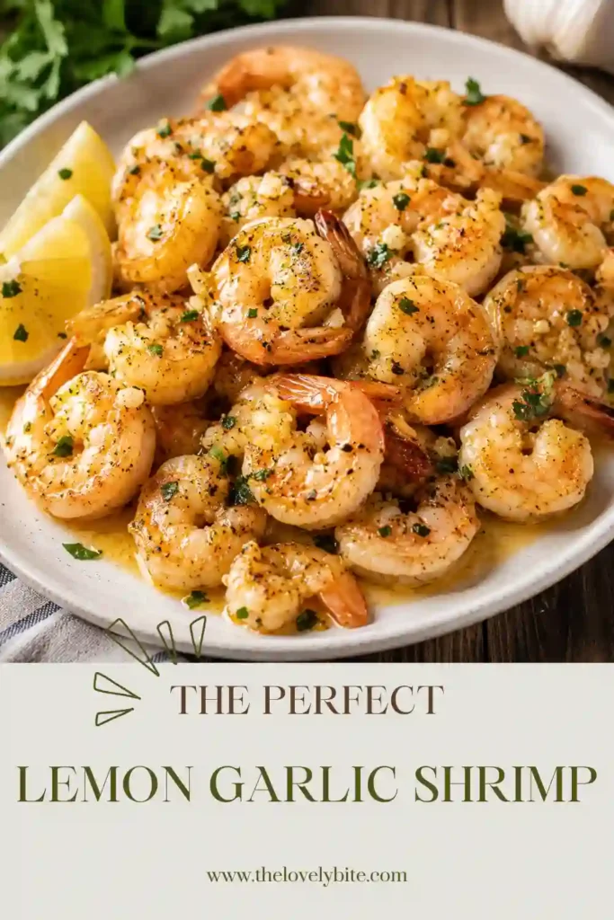 Healthy Lemon Garlic Shrimp served on a platter with fresh lemon slices and herbs. Perfect for summer grilling and weeknight dinners.