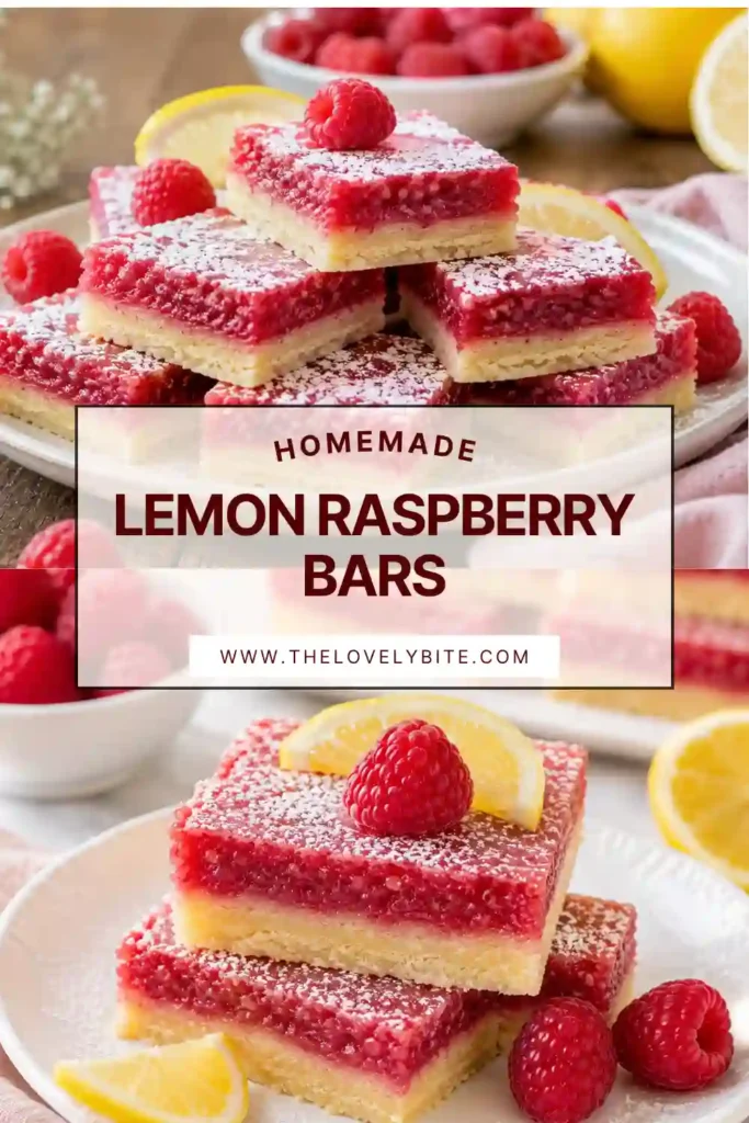 Freshly sliced Lemon Raspberry Bars arranged on a serving platter. The buttery shortbread crust supports a vibrant pink lemon raspberry layer with a smooth, creamy texture.