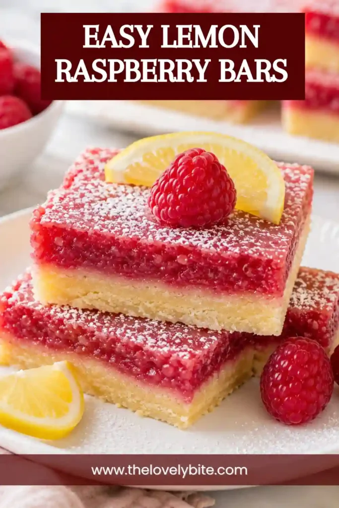 Homemade Lemon Raspberry Bars with a golden shortbread base and bright raspberry lemon topping. These fruity dessert bars are chilled and ready to serve.
