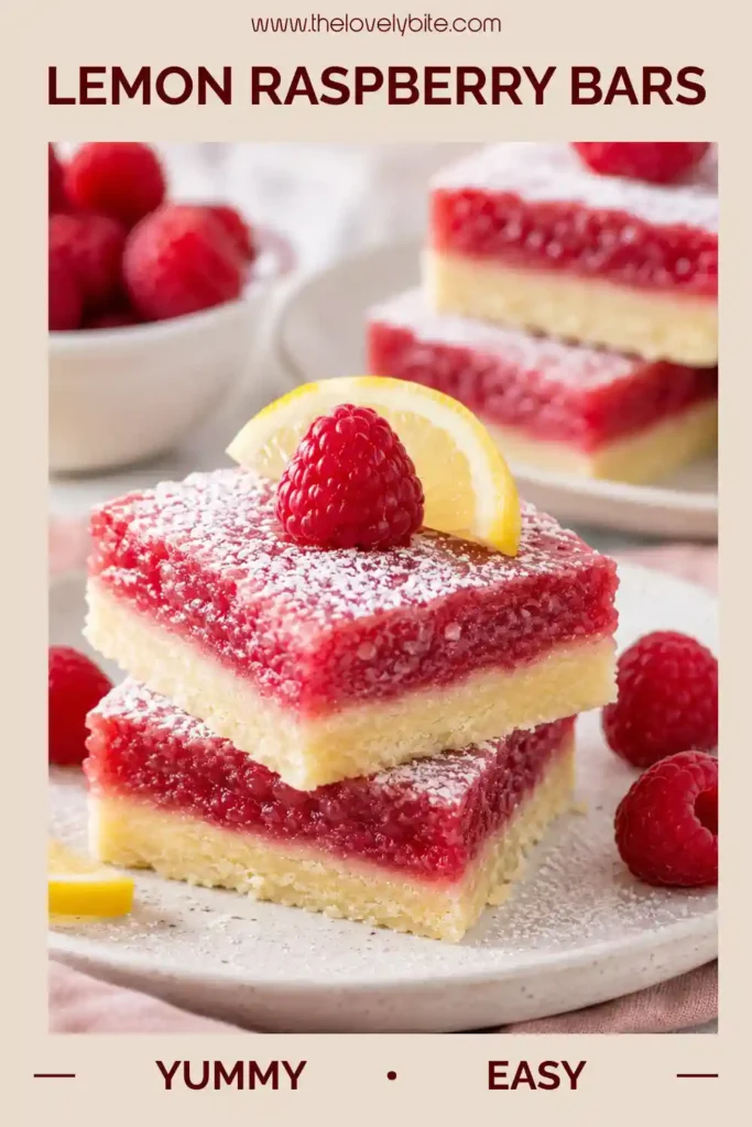 Close-up view of Lemon Raspberry Bars showcasing their rich texture and colorful raspberry-infused lemon filling. A perfect summer dessert recipe.