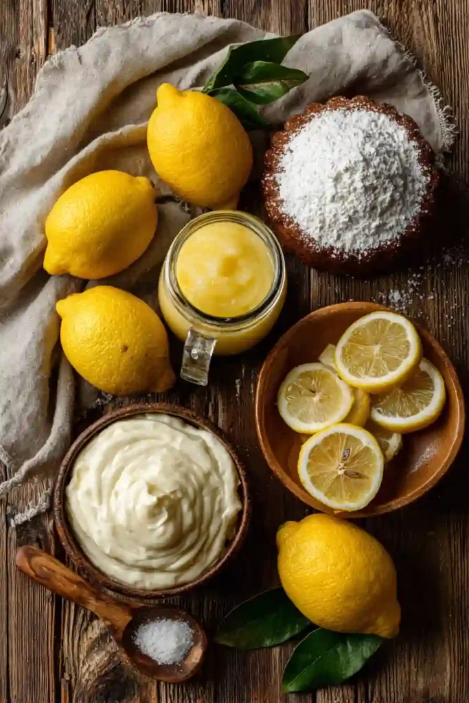 A freshly baked Lemon Ricotta Tray Cake with beautiful swirls of creamy ricotta and golden lemon curd. The cake has a light texture and a lightly browned top.
