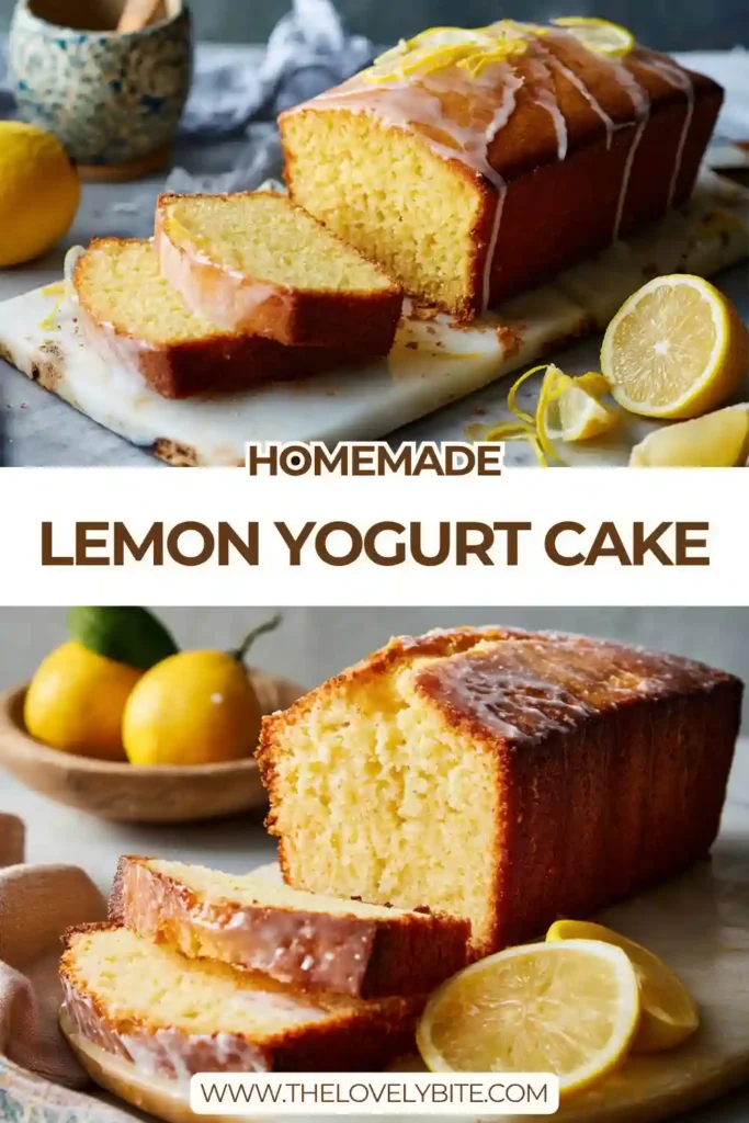 A sliced Lemon Yogurt Cake topped with glossy lemon glaze and fresh lemon zest. This moist Greek yogurt cake has a tender crumb and bright citrus flavor.