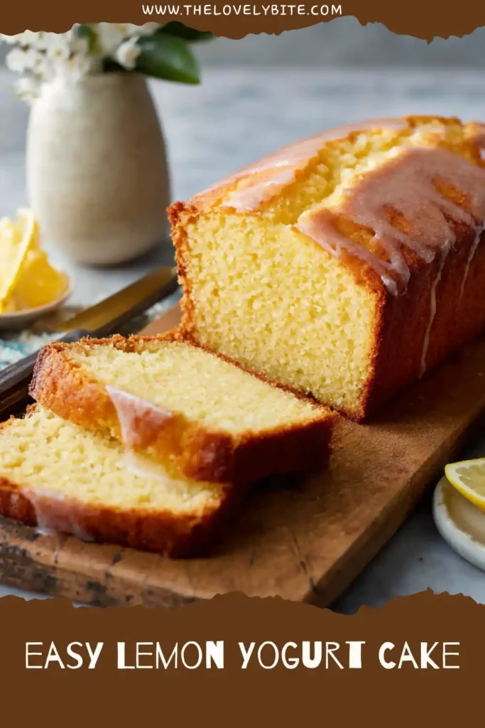 Freshly baked Lemon Yogurt Cake served on a cake stand with lemon zest garnish. The loaf has a light texture and rich lemon aroma.