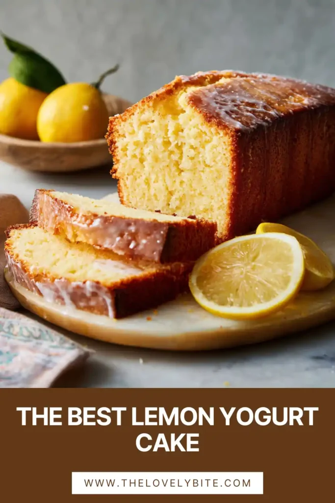 A close-up slice of Lemon Yogurt Cake showing its soft interior and lemon glaze topping. Fresh lemon zest adds color and flavor.