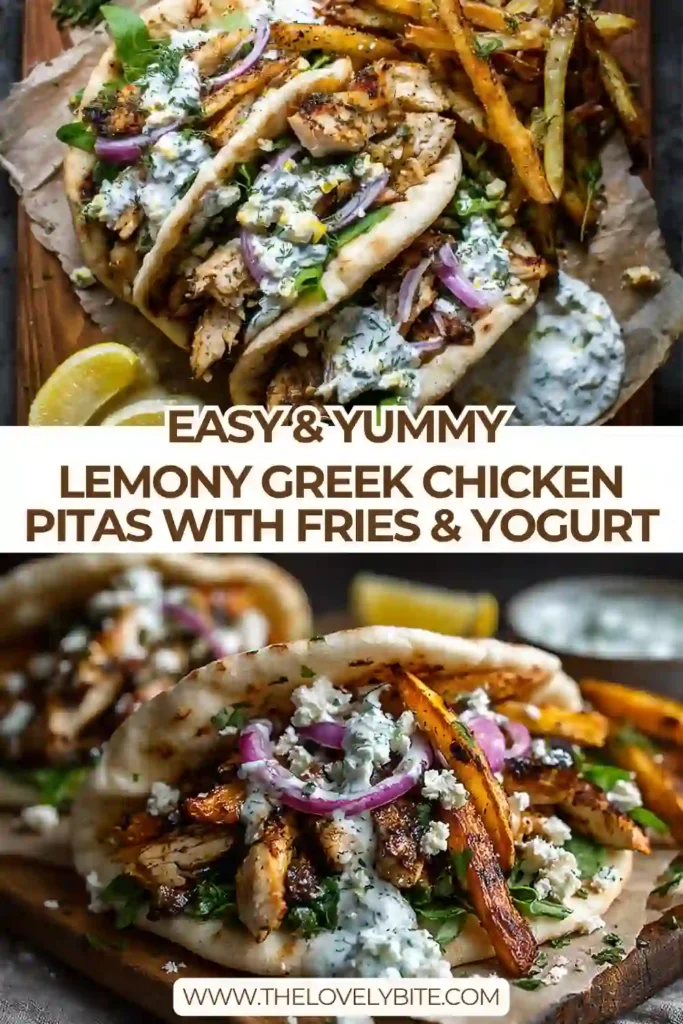 A warm Lemony Greek Chicken Pita filled with juicy lemon-marinated chicken, crispy oven-roasted Greek fries, fresh vegetables, and creamy herbed yogurt drizzle. This Mediterranean-inspired meal is colorful, fresh, and satisfying.