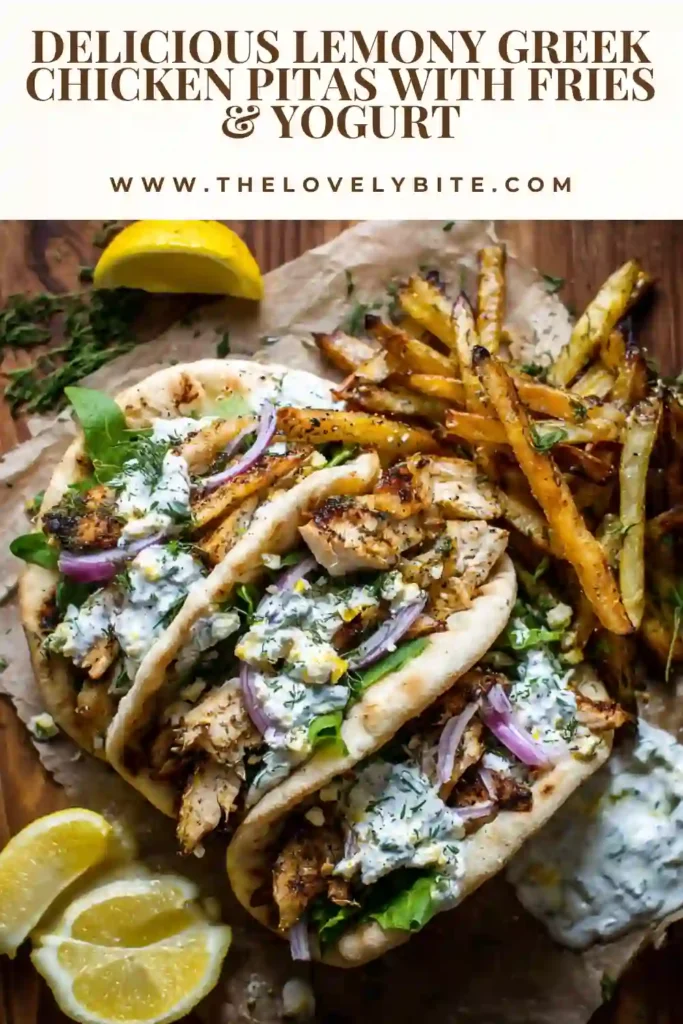 Greek chicken pita stuffed with tender citrus-marinated chicken, feta cheese, cucumber, lettuce, and homemade yogurt sauce. Served alongside crispy oven-roasted fries.