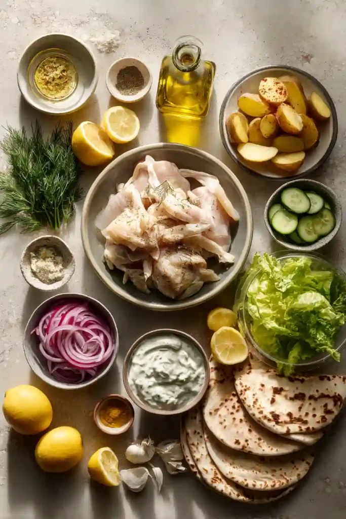Mediterranean chicken pita loaded with lemon herb chicken, fresh cucumber, lettuce, feta cheese, and creamy yogurt sauce. Served with crispy roasted fries.