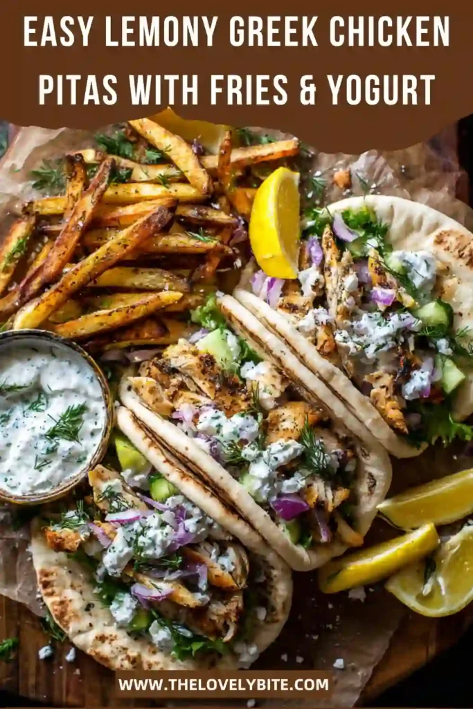 Homemade Lemony Greek Chicken Pitas served with oven-roasted Greek fries and dill yogurt drizzle. A healthy Mediterranean-inspired dinner packed with fresh ingredients.