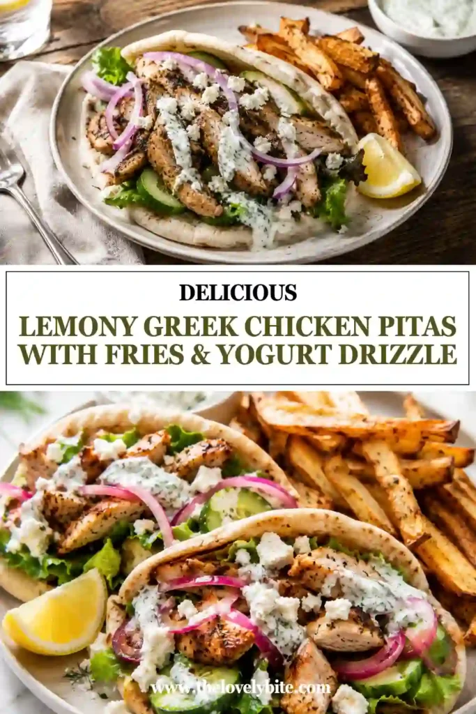 Golden pita bread filled with lemony Greek chicken, crispy roasted fries, cucumber, feta, and fresh herbs. A colorful Mediterranean-inspired meal topped with creamy yogurt drizzle.
