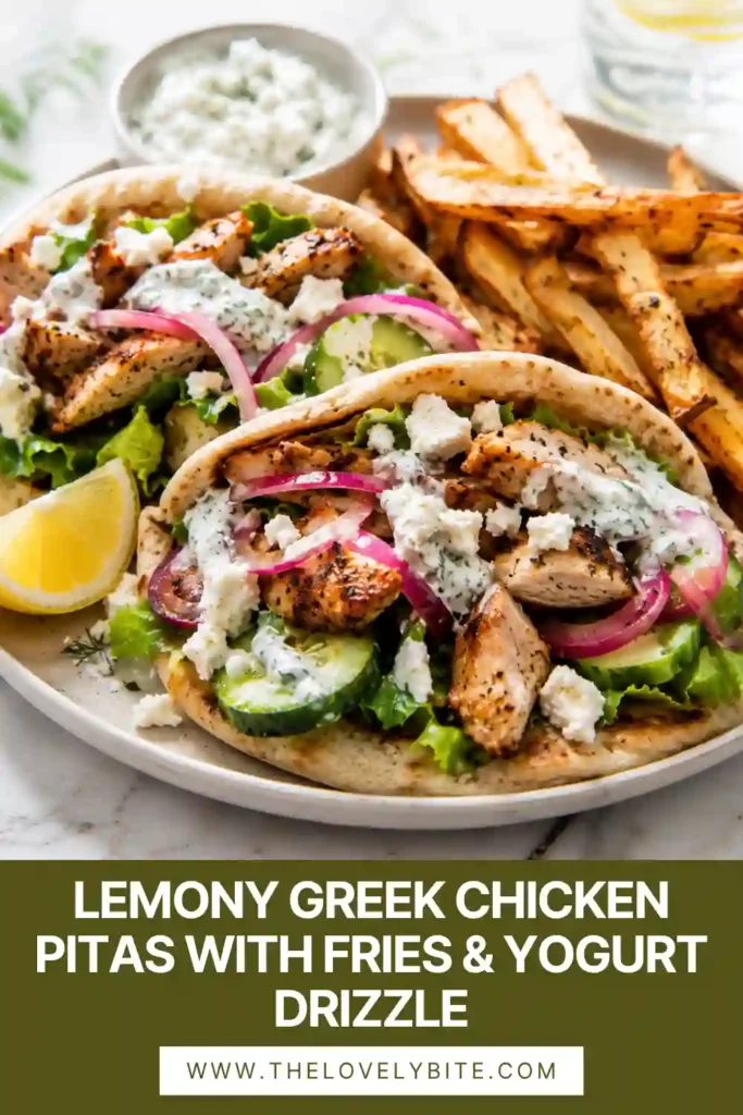 Fresh Greek chicken pita stuffed with juicy oregano chicken, lettuce, cucumber, and feta cheese. Crispy oven-roasted fries and yogurt sauce complete the meal.