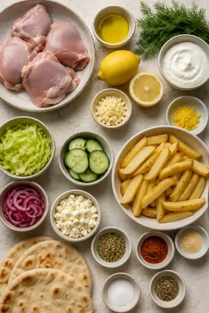 Close-up of homemade Lemony Greek Chicken Pitas with roasted potatoes and creamy yogurt dressing. Fresh dill and lemon enhance the bright Mediterranean flavors.