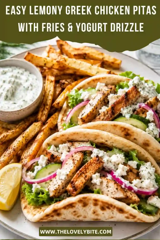 Mediterranean chicken pita filled with lemon garlic chicken and topped with dill yogurt sauce. Roasted Greek fries add texture and flavor to this complete dinner.