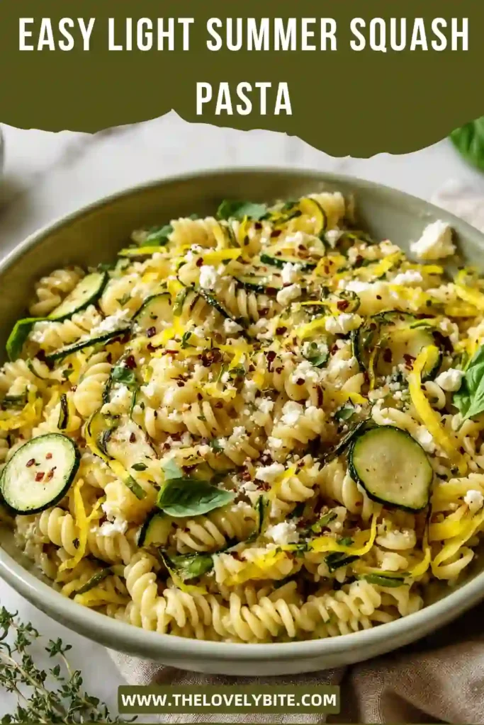 A bowl of Light Summer Squash Pasta topped with fresh basil, Parmesan cheese, and toasted pine nuts. Tender zucchini and summer squash are coated in a creamy lemon goat cheese sauce.