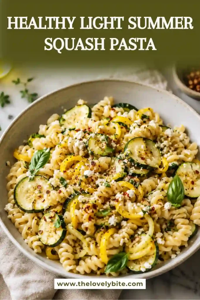 Light Summer Squash Pasta served in a white bowl with basil ribbons and lemon zest. The pasta features tender seasonal vegetables in a light creamy sauce.