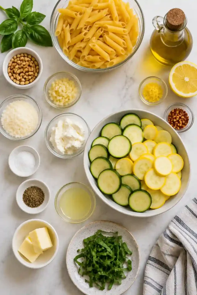 A homemade Light Summer Squash Pasta recipe garnished with basil, pine nuts, and Parmesan. The dish highlights fresh summer produce and simple ingredients.