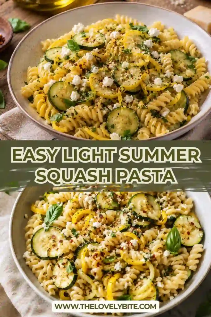 Close-up view of Light Summer Squash Pasta with caramelized zucchini slices and grated Parmesan cheese. Fresh herbs and pine nuts finish the dish beautifully.