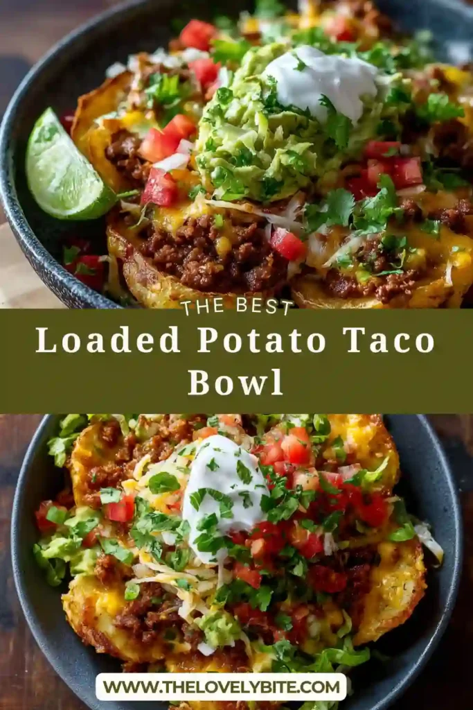Golden roasted potatoes layered with taco-seasoned beef, creamy avocado guacamole, and fresh tomato salsa. A vibrant Loaded Potato Taco Bowl perfect for family meals.