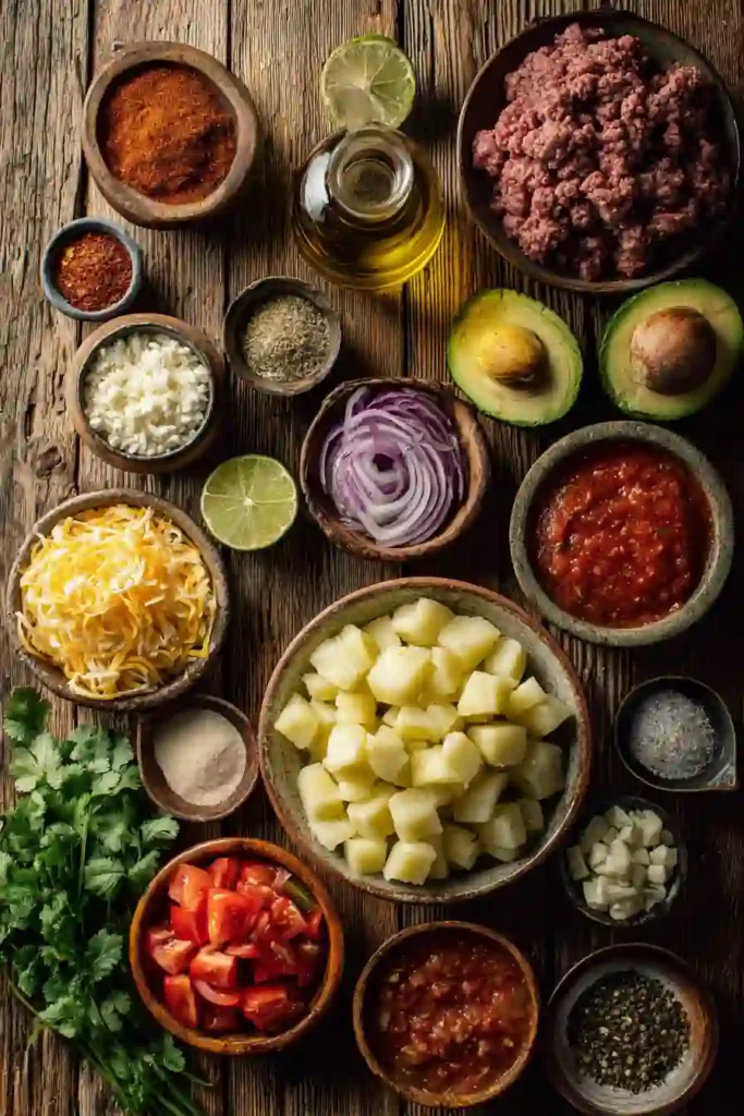 A bowl of Loaded Potato Taco Bowl topped with crispy roasted potatoes, seasoned ground beef, fresh guacamole, salsa, and melted cheese. This colorful Mexican-inspired dinner is hearty and satisfying.