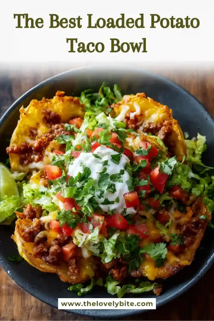 Freshly prepared Loaded Potato Taco Bowl featuring crispy potatoes, savory beef, shredded cheese, and homemade salsa. A flavorful comfort food recipe packed with texture.
