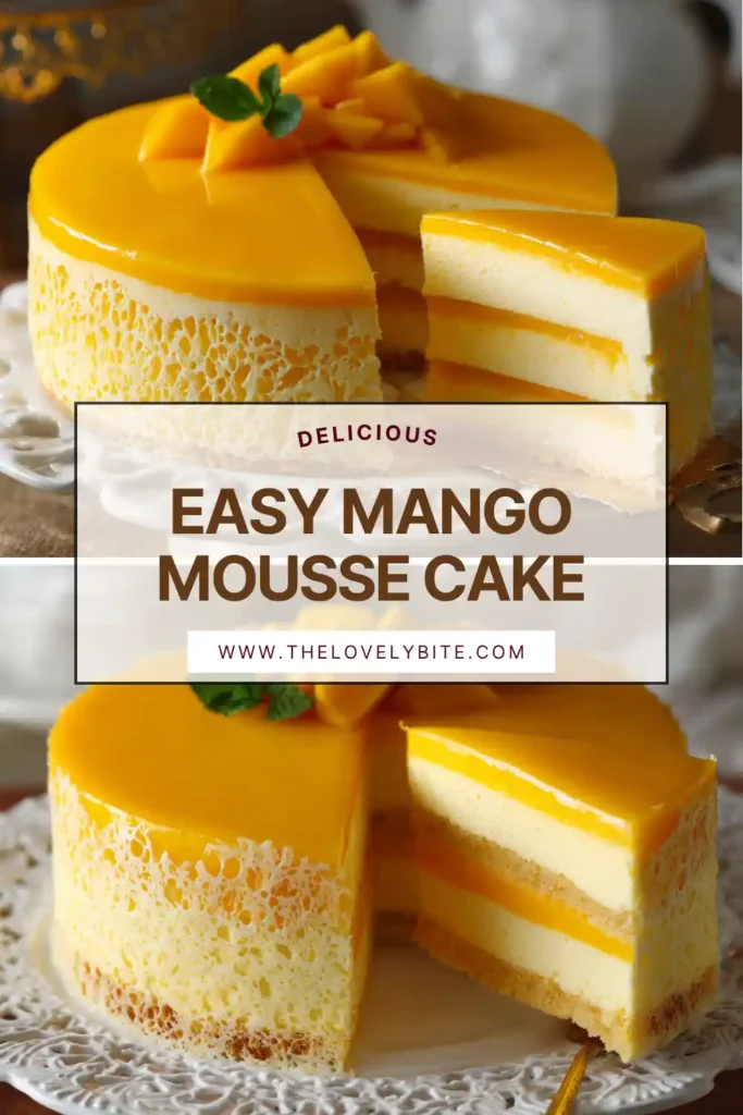 Homemade Mango Mousse Cake featuring a smooth mousse layer and mango glaze.