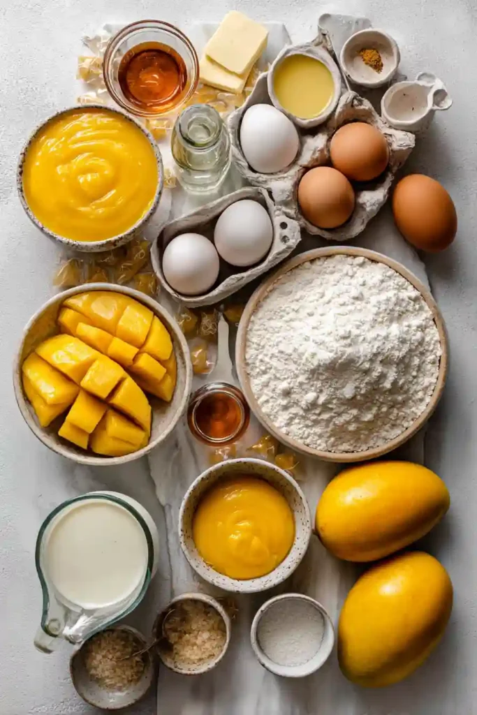 Elegant mango dessert cake with sponge base and mango gel topping.