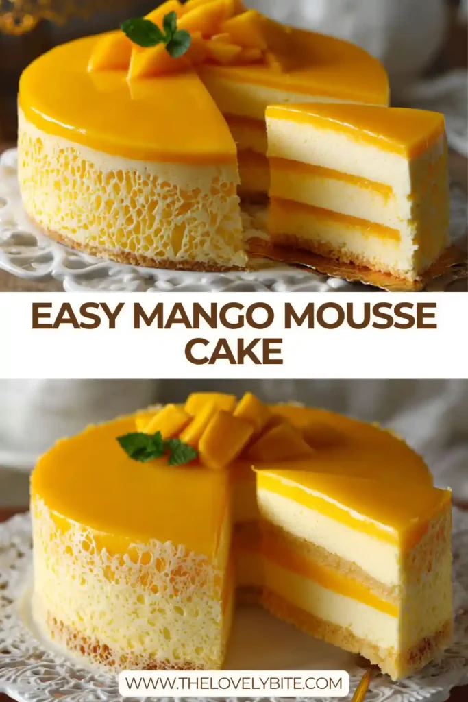 Creamy tropical mango mousse cake decorated with fresh mango slices.