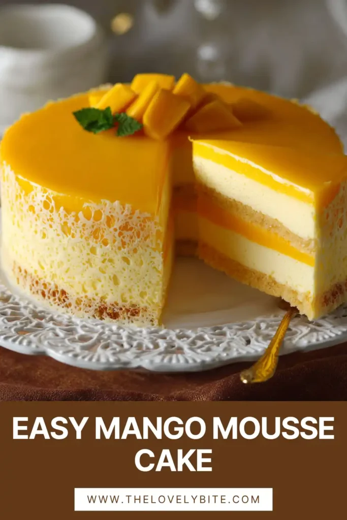 Mango Mousse Cake with fluffy sponge cake layers and glossy mango topping.