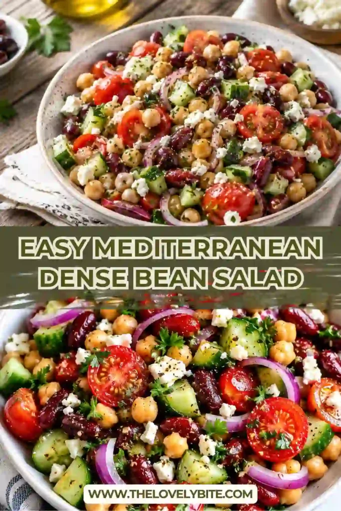 Fresh Mediterranean Dense Bean Salad tossed with lemon olive oil dressing, featuring three types of beans, crisp vegetables, creamy feta, and fresh herbs. A nutritious and easy no-cook recipe for any occasion.