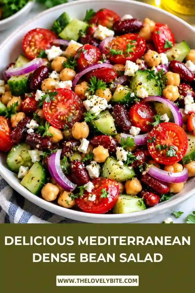 Close-up of Mediterranean Dense Bean Salad with colorful beans, juicy tomatoes, cucumber, olives, parsley, and crumbled feta cheese. This wholesome salad is full of Mediterranean flavors and satisfying texture.