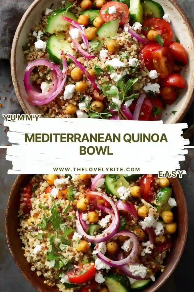 Healthy Mediterranean grain bowl featuring fluffy quinoa, roasted chickpeas, fresh vegetables, pickled onions, and herbs. Perfect for meal prep and balanced eating.