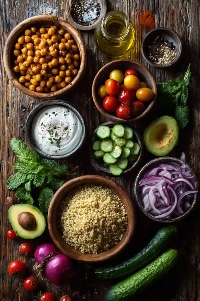 A Mediterranean Quinoa Bowl topped with smoky roasted chickpeas, avocado, cucumbers, cherry tomatoes, and fresh herbs. This healthy quinoa bowl is colorful, nutritious, and packed with Mediterranean flavors.