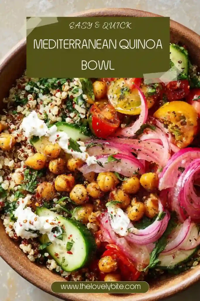 Colorful Mediterranean Quinoa Bowl filled with protein-rich quinoa, smoky chickpeas, creamy avocado, and fresh vegetables. A vibrant and satisfying meal.