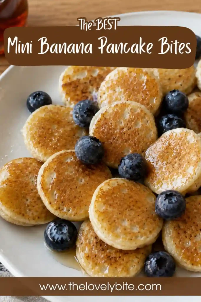 Close-up view of Mini Banana Pancake Bites cooked until golden brown and topped with powdered sugar. A delicious and easy banana breakfast recipe.