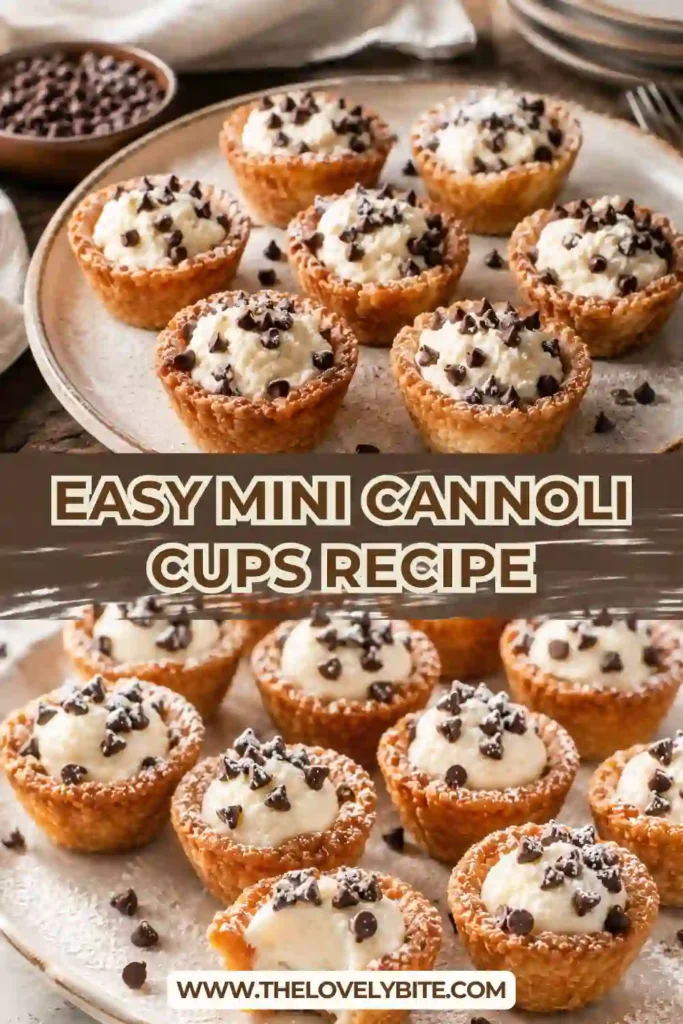 Mini Cannoli Cups filled with creamy ricotta filling and topped with mini chocolate chips. These bite-sized Italian desserts feature crispy cinnamon-sugar pastry shells.