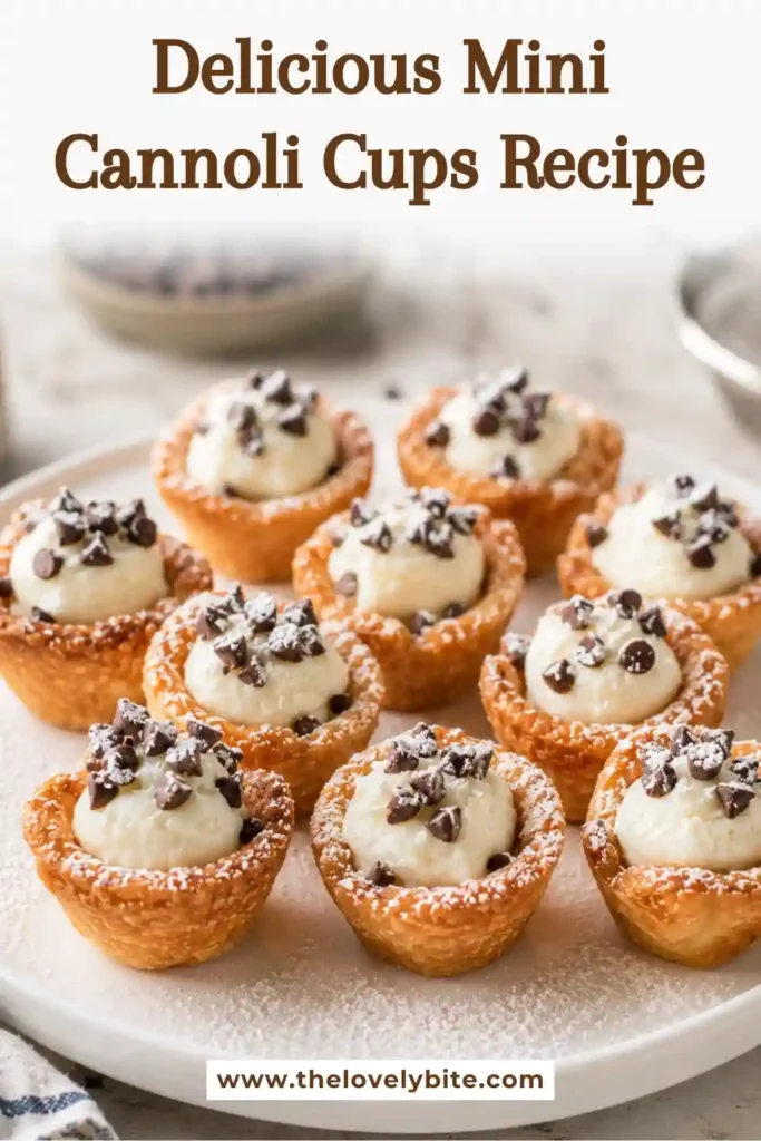 Golden Mini Cannoli Cups arranged on a serving platter with powdered sugar dusting. The ricotta filling creates a rich and creamy texture in every bite.