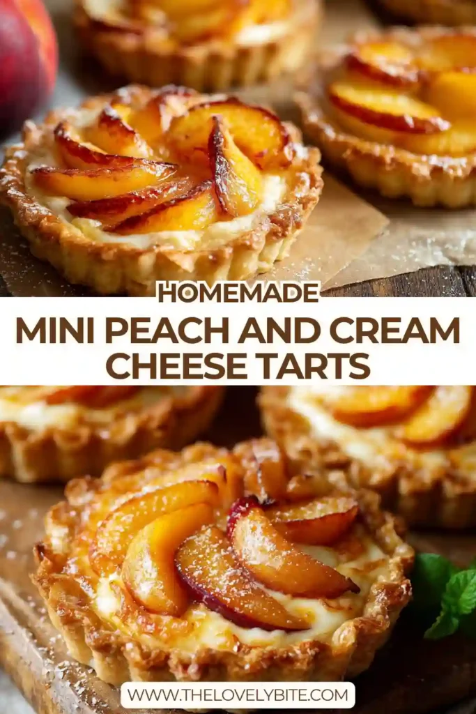 Freshly baked Mini Peach and Cream Cheese Tarts topped with sliced peaches and a honey drizzle. The flaky golden pastry surrounds a creamy cheesecake-like filling.